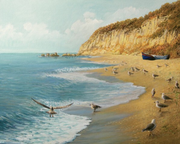 An oil painting on canvas of a summer at the ocean shore